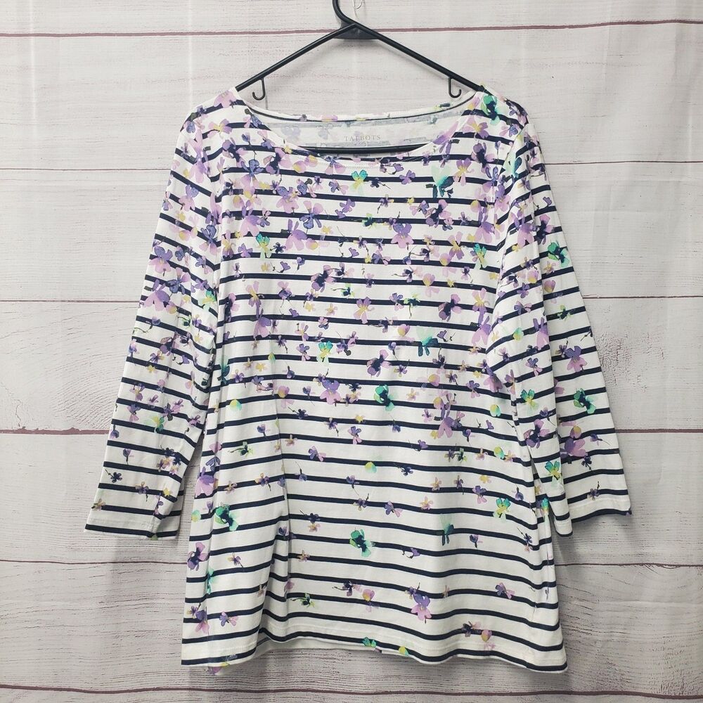 TALBOTS NAVY BLUE WHITE STRIPED FLORAL TOP Size Large 3/4 SLEEVE Purple
